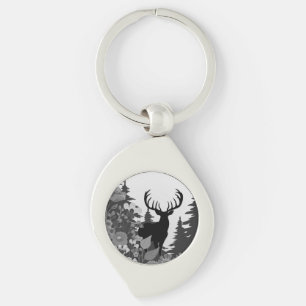 Deer with Big Rack Buck Comes Out of Forest Key Ring