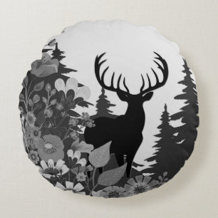 Deer with Big Rack Out of Forest Round Cushion
