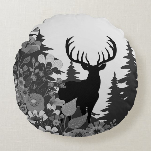 Deer with Big Rack Out of Forest  Round Cushion (Front)