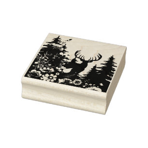 Deer with Big Rack Out of Forest Rubber Stamp