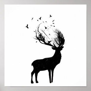 Deer with birds poster
