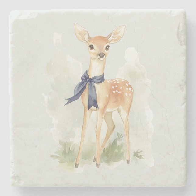 Deer with Blue Bow Stone Coaster (Front)