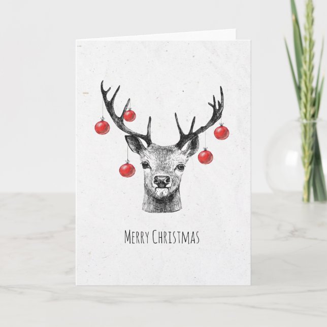 Deer with Christmas balls drawing Holiday Card (Front)