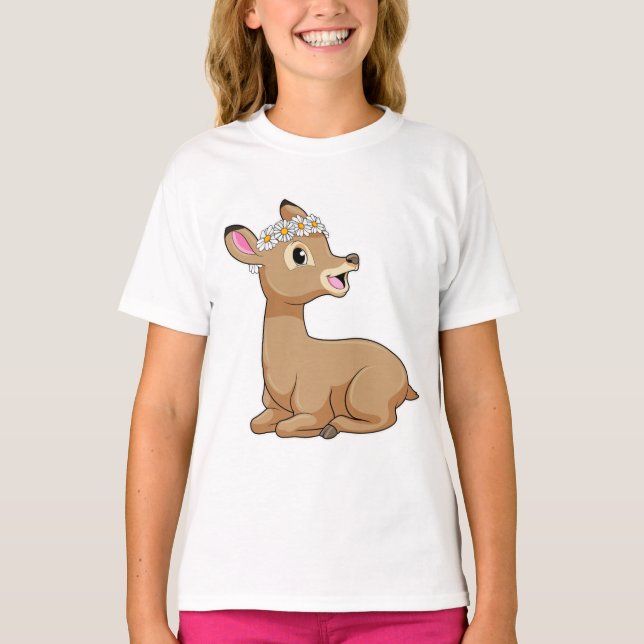 Deer with Daisy Flower T-Shirt (Front)