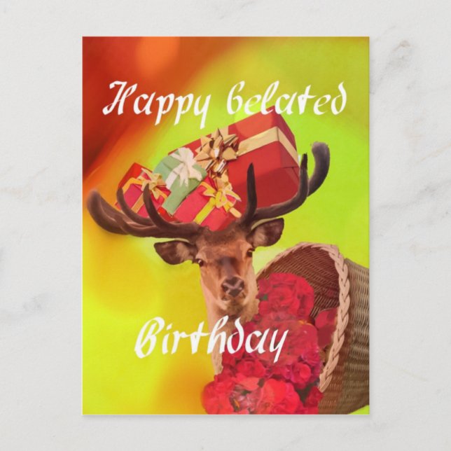 Deer with gifts in belated birthday. postcard (Front)