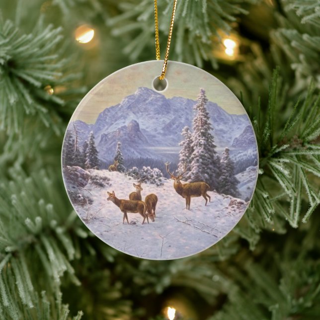 Deer with herd in winter, Christmas Tree Ceramic Ornament (Tree)