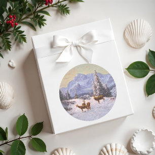 Deer with herd in winter, classic round sticker