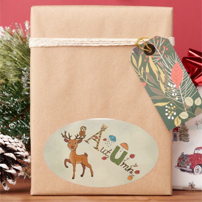 Deer with Owl Oval Sticker (Holiday)