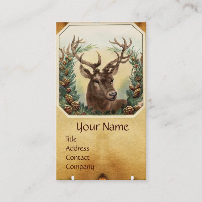 DEER WITH PINE CONES CROWN MONOGRAM PARCHMENT BUSINESS CARD (Front)
