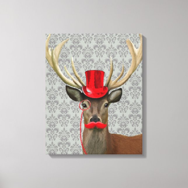 Deer With Red Hat and Moustache Canvas Print (Front)