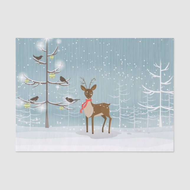 Deer With Red Scarf And Birds In The Snowy Woods Tissue Paper (Front)