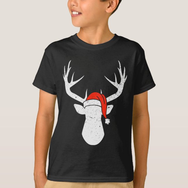Deer With Santa Hat Christmas Pajama Hunting Gift  T-Shirt (Front)