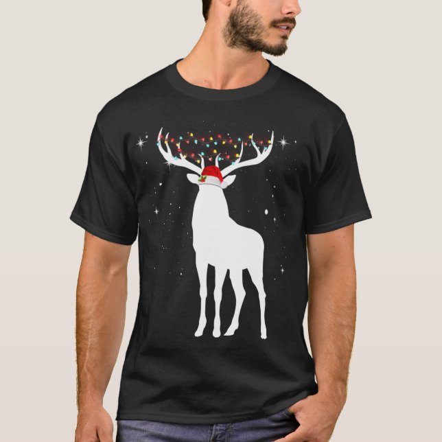 Deer With Santa Hat Lights Christmas Pajama Huntin T-Shirt (Front)