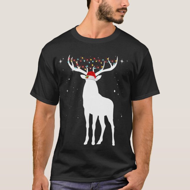 Deer With Santa Hat Lights Christmas Pajama Huntin T-Shirt (Front)
