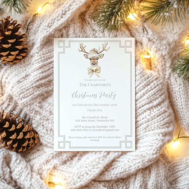 Deer with Santa Hat Rustic Country Christmas  Invitation (Deer with Santa Hat Country Christmas Invitation)