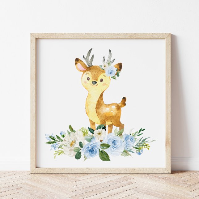 Deer, Woodland Animals, Boho, Blue Flowers Photo Print (Creator Uploaded)