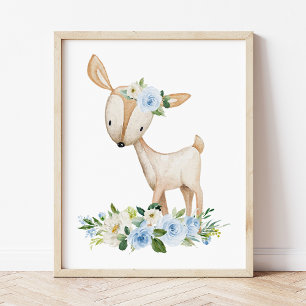 Deer, Woodland Animals, Boho, Blue Flowers Photo Print