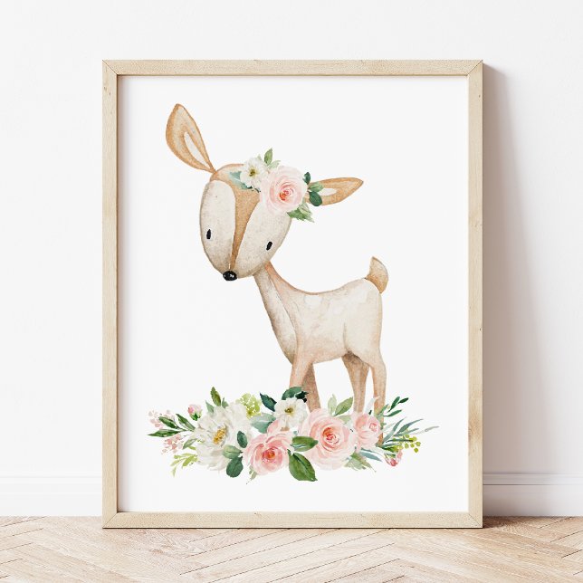 Deer, Woodland Animals, Boho, Pink Flowers Photo Print (Creator Uploaded)