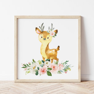 Deer, Woodland Animals, Boho, Pink Flowers Poster