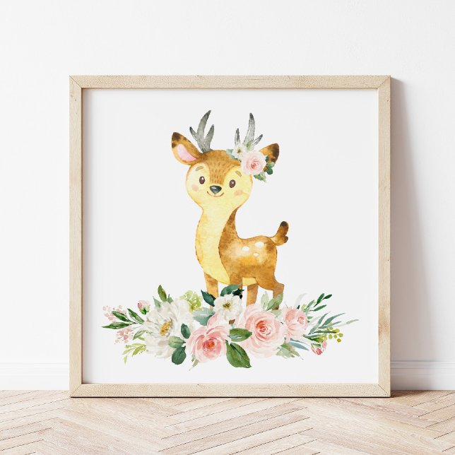 Deer, Woodland Animals, Boho, Pink Flowers Poster (Creator Uploaded)