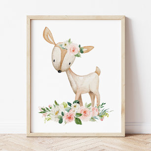 Deer, Woodland Animals, Boho, Pink Flowers Poster