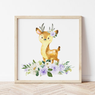 Deer, Woodland Animals, Boho, Purple Flowers Poster