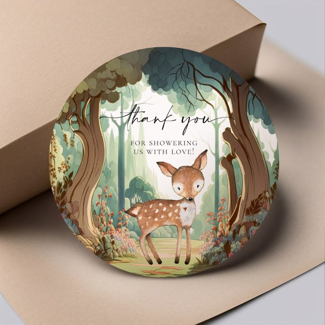 Deer Woodland Baby Shower Classic Round Sticker (Creator Uploaded)