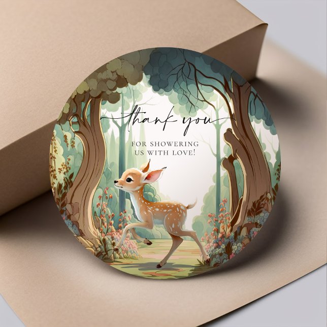 Deer Woodland Baby Shower Fawn Classic Round Sticker (Creator Uploaded)