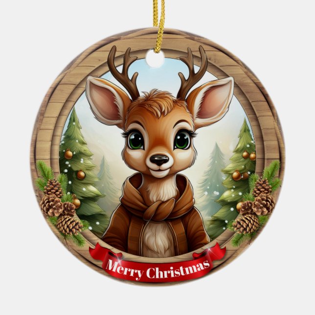 Deer Xmas Character Reindeer Animal Christmas  Cer Ceramic Ornament (Front)
