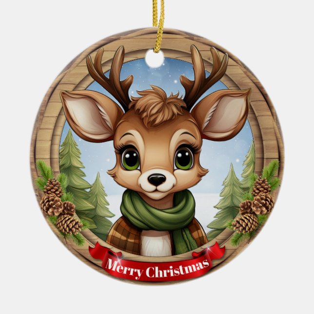 Deer Xmas Character Reindeer Animal Christmas  Cer Ceramic Ornament (Front)