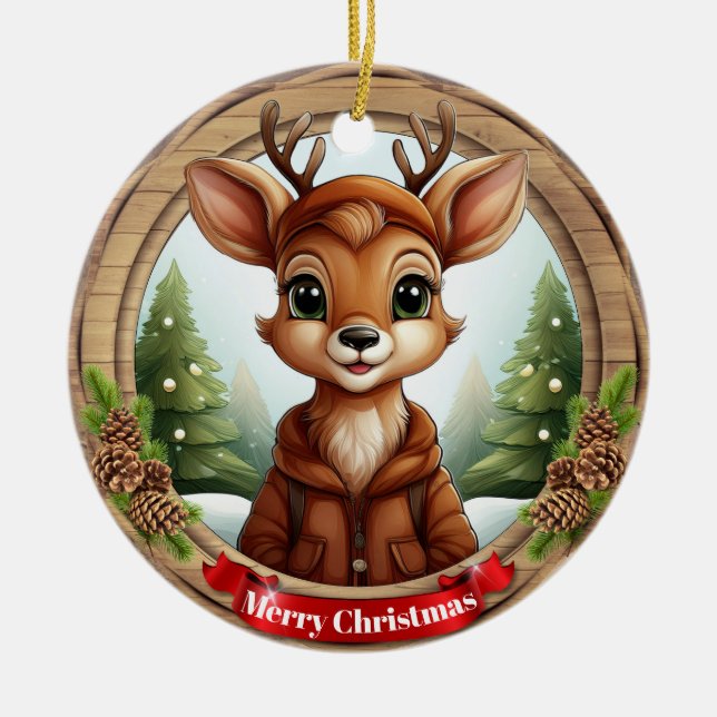Deer Xmas Character Reindeer Animal Christmas  Cer Ceramic Ornament (Front)