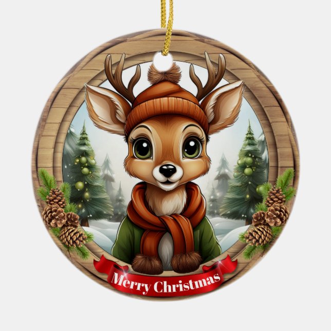 Deer Xmas Character Reindeer Animal Christmas  Cer Ceramic Ornament (Front)