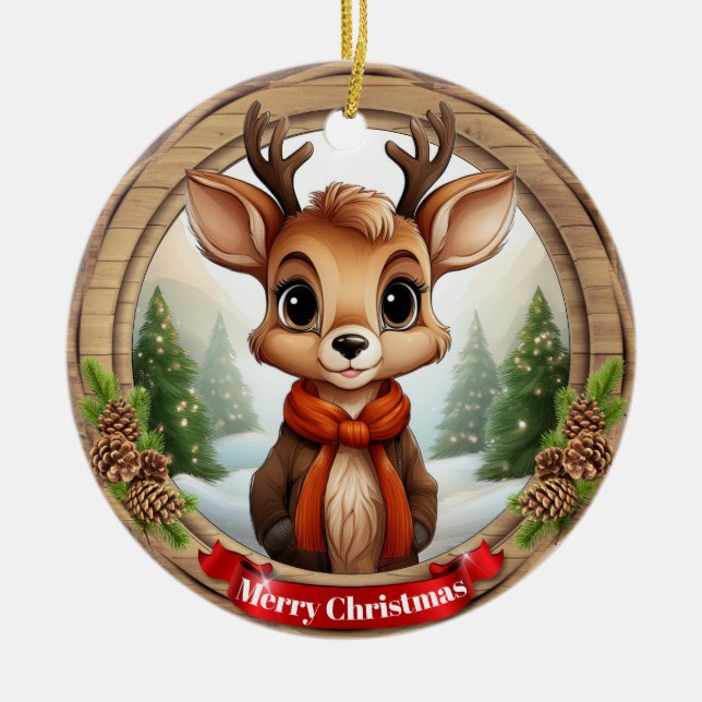 Deer Xmas Character Reindeer Animal Christmas  Cer Ceramic Ornament (Front)