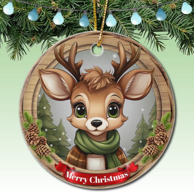 Deer Xmas Character Reindeer Animal Christmas 🦌🎄 Ceramic Ornament (Customizable Rustic holiday character xmas reindeer, name gift for anyone, Ceramic Ornament! 🦌🎄  -)