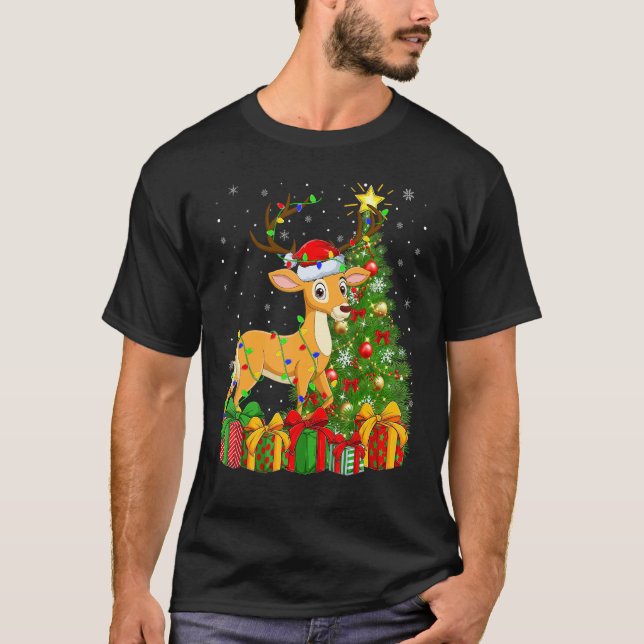 Deer   Xmas Holiday Santa Deer Christmas Tree T-Shirt (Front)