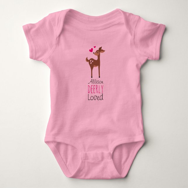 Deerly loved personalised name deer funny cute bab baby bodysuit (Front)