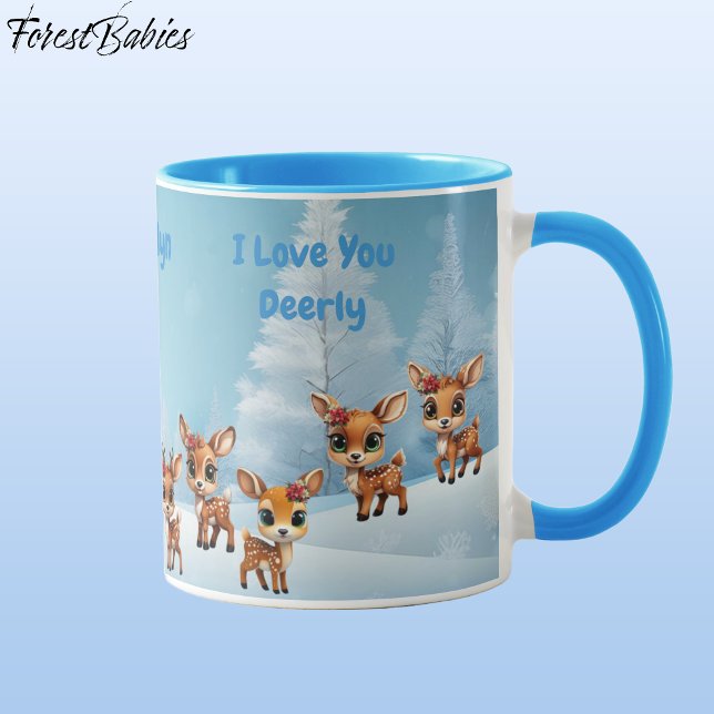 Deerly Loved, Reindeer, Deer, Fawn, Doe Lover 🦌 Mug (Floral Baby Deer, Fawn, Doe, Reindeer Lover, Christmas Snow,  personalizable Ceramic Mug 🦌🎄)