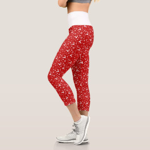 Deers and Snowflakes Red & White Christmas Pattern Capri Leggings