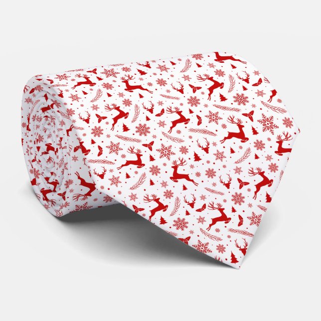 Deers and Snowflakes White & Red Christmas Pattern Tie (Rolled)