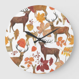 Deers, autumn leaves: watercolor pattern. large clock