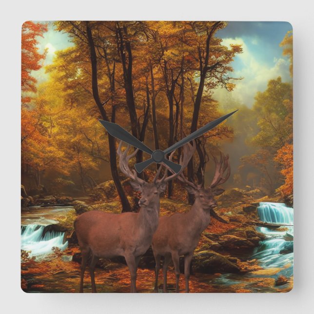 Deers By A Woodland Stream Square Wall Clock (Front)