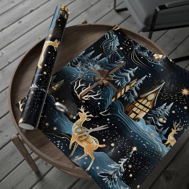 Deers Dark Blue Forest Christmas Night Winter Wrapping Paper (Creator Uploaded)