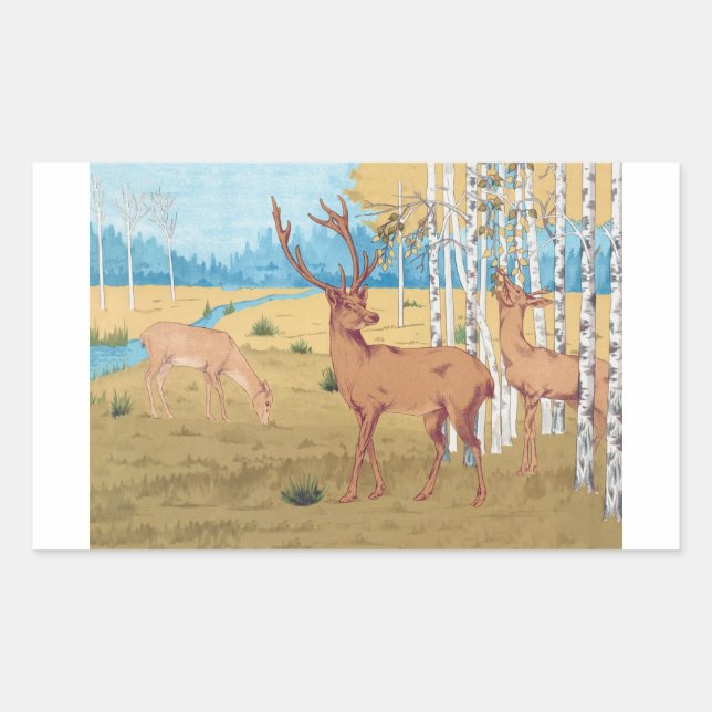 Deers in Forest Vintage Animal Rectangular Sticker (Front)