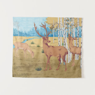Deers in Forest Vintage Animal Tapestry