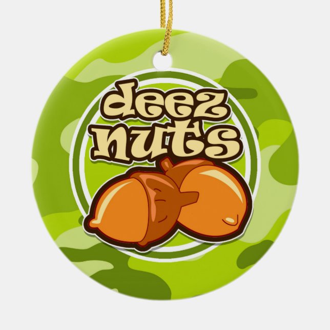 Deez Nuts; bright green camo, camouflage Ceramic Tree Decoration (Front)