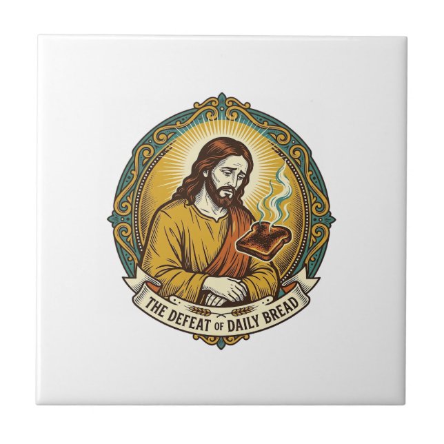 Defeated Jesus Smoking Burnt Toast Breakfast Kitch Ceramic Tile (Front)
