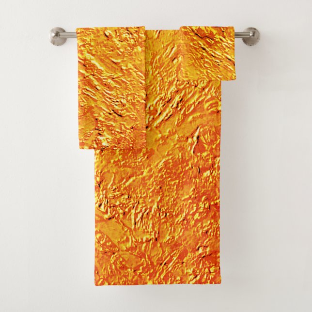 Defective wall with yellow and orange texture bath towel set (Insitu)