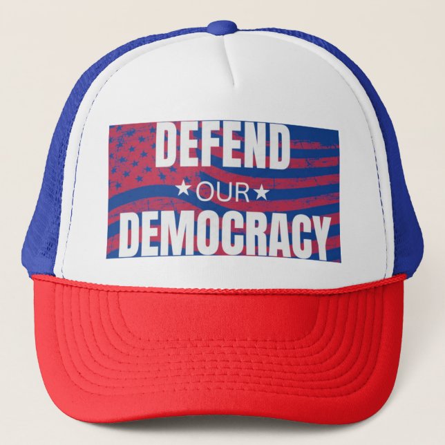 Defend Our Democracy Tri-Colour Trucker Hat (Front)