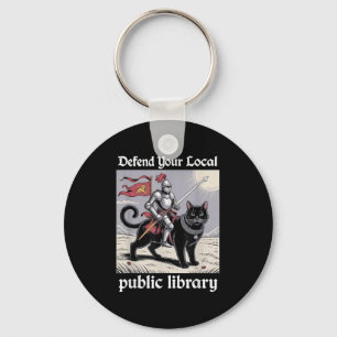Defend Your Local Public Library Funny Knight Cat  Key Ring