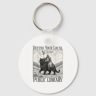 Defend Your Local Public Library Funny Knight Cat Key Ring